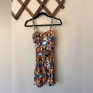 A-line geometric colorful dress with belt; built in pads; built in bra